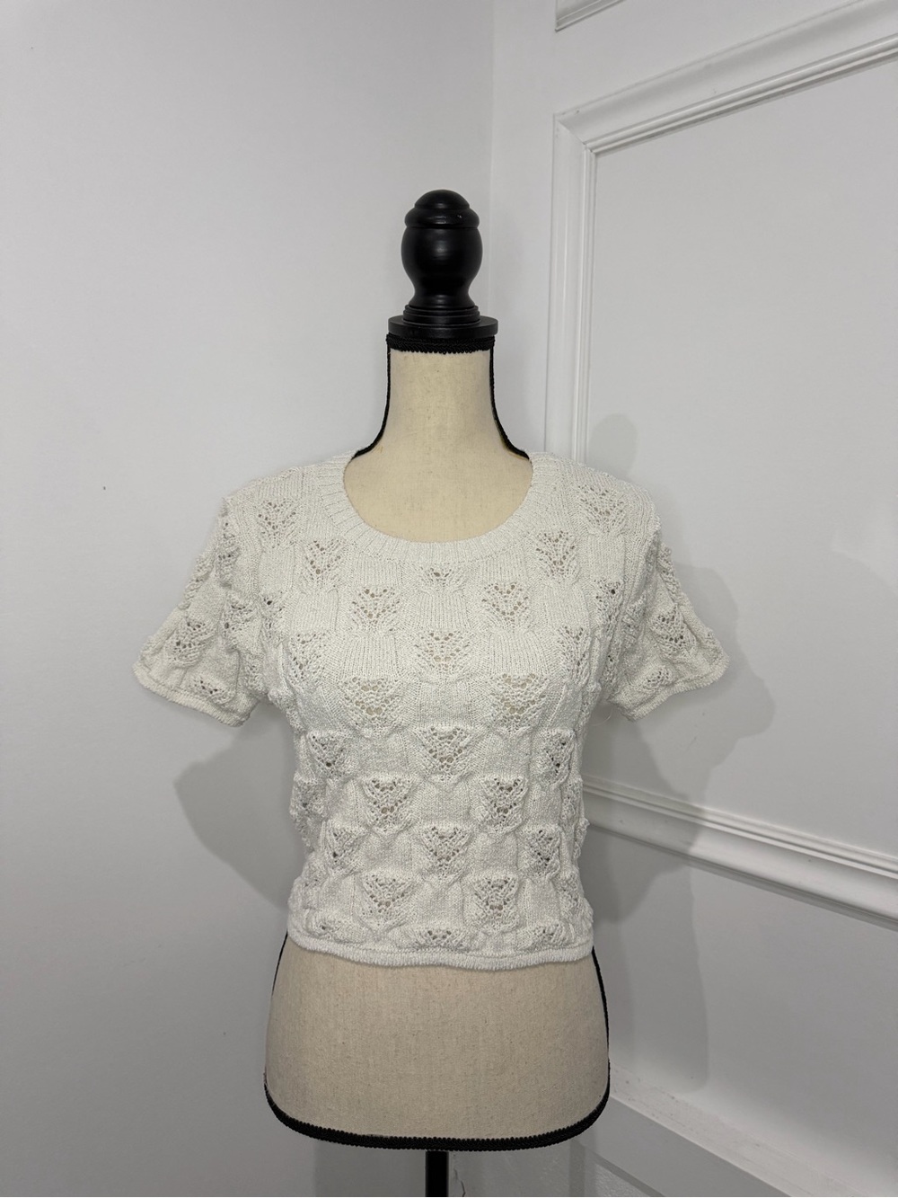 Lulu's Ivory Short-Sleeve Knit Lace-Pattern Top
